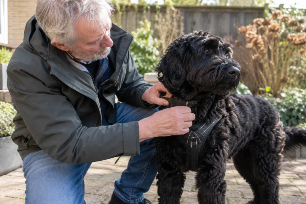 Eigenaar controleert de vacht bij het tuig van een zwarte Labradoodle