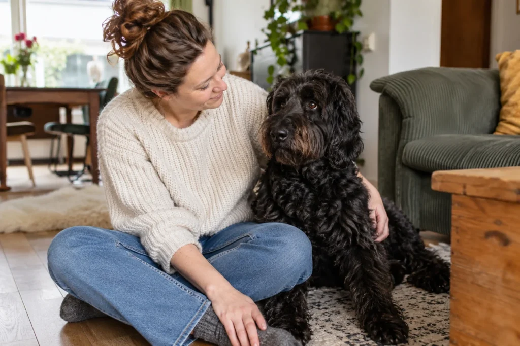 Zwarte Labradoodle naast de eigenaar in huis