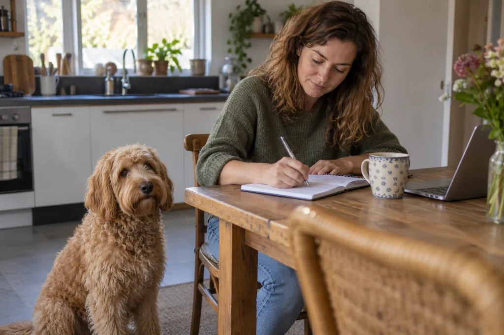 Eigenaar maakt aantekeningen met een Labradoodle erbij