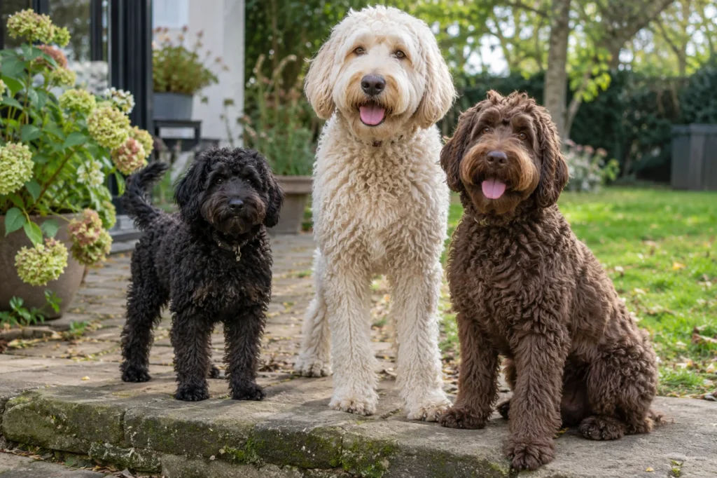 Drie Labradoodles van verschillende formaten in een tuin