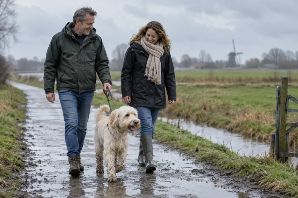 Eigenaren wandelen met een Labradoodle op een regenachtige dag