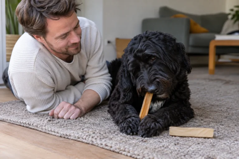 Labradoodle en eigenaar tijdens een rustig snackmoment