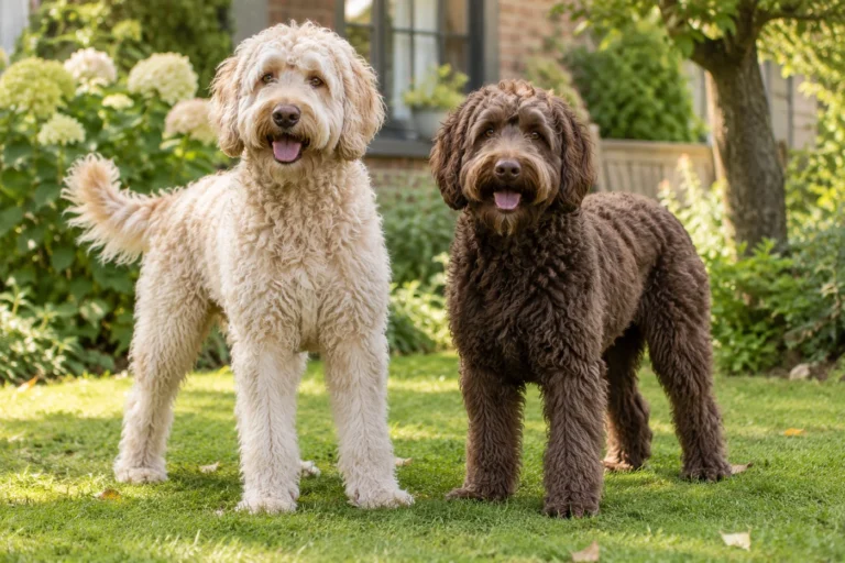 Twee Labradoodles met verschillende vachten samen in een tuin