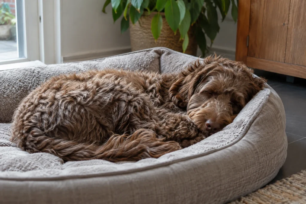 Labradoodle slaapt in een zachte hondenmand
