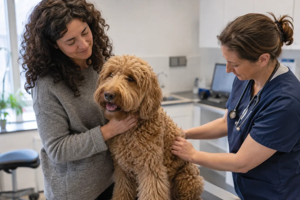 Labradoodle met eigenaar bij de dierenarts