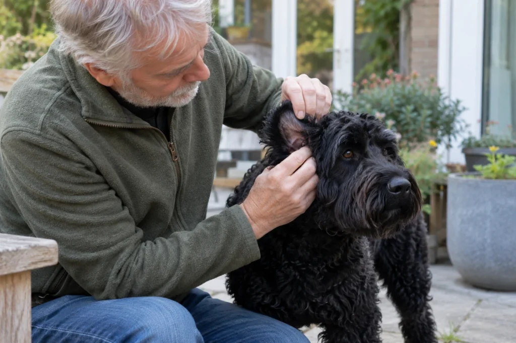 Eigenaar tilt voorzichtig het oor van een zwarte Labradoodle op