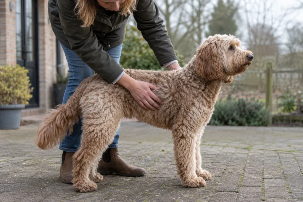 Eigenaar voelt voorzichtig langs de ribben van een staande Labradoodle