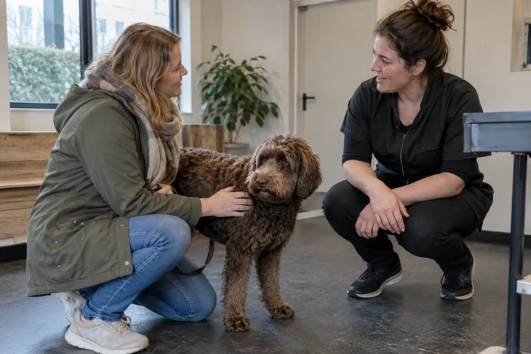 Eigenaar bespreekt de vachtverzorging van een Labradoodle met een trimster
