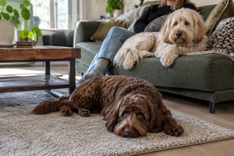 Twee Labradoodles rusten in de woonkamer