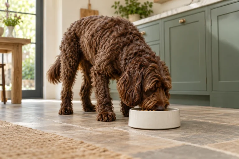 Chocoladekleurige Labradoodle eet uit een voerbak in een rustige keuken